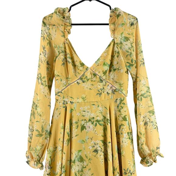 Sau Lee Georgia Long Sleeve V-Neck Floral Asymmetrical Hem Midi Dress Yellow-2 - Picture 6 of 9